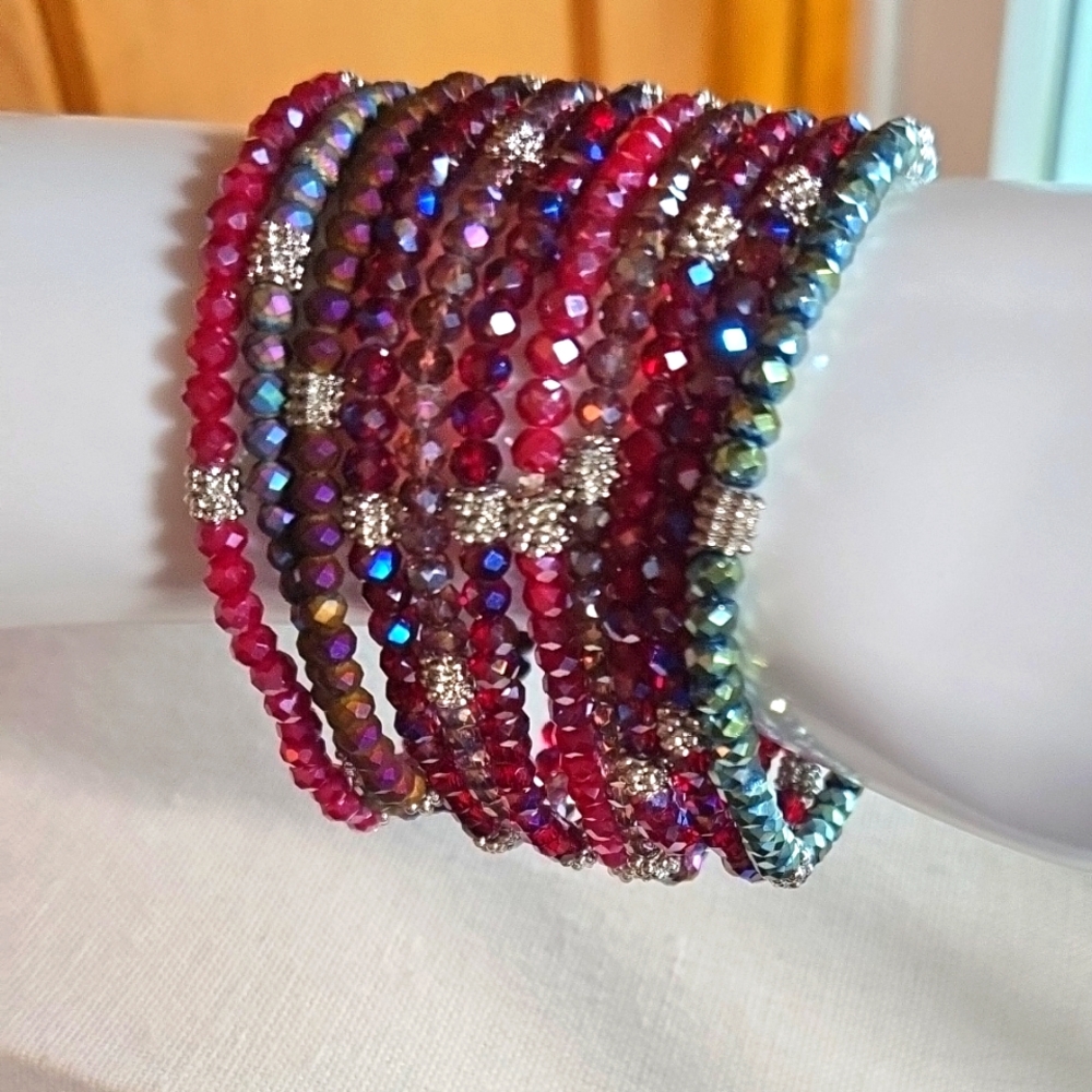 Faceted Multi-color Glass & Silver Bead Stretch Bracelets